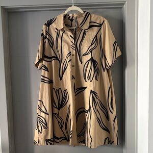 Anthropologie Tan and Black Patterned dress with pockets .